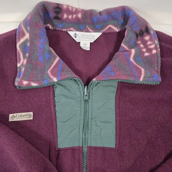 Vintage Columbia Jacket Mens XL Burgundy/Green Aztec Fleece Full Zip Made in USA - Picture 3 of 11